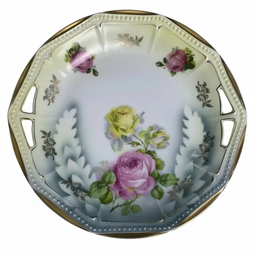 Antique PK Silesia Koenigszelt Handled Cake Plate Roses Gold Reticulated 9”